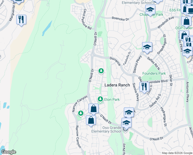 map of restaurants, bars, coffee shops, grocery stores, and more near 5 Duxbury Street in Mission Viejo