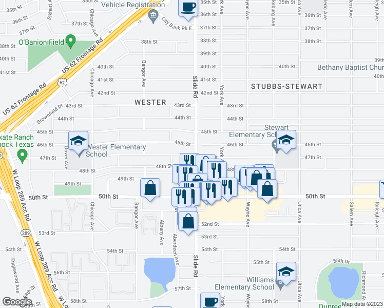 map of restaurants, bars, coffee shops, grocery stores, and more near 5202 47th Street in Lubbock