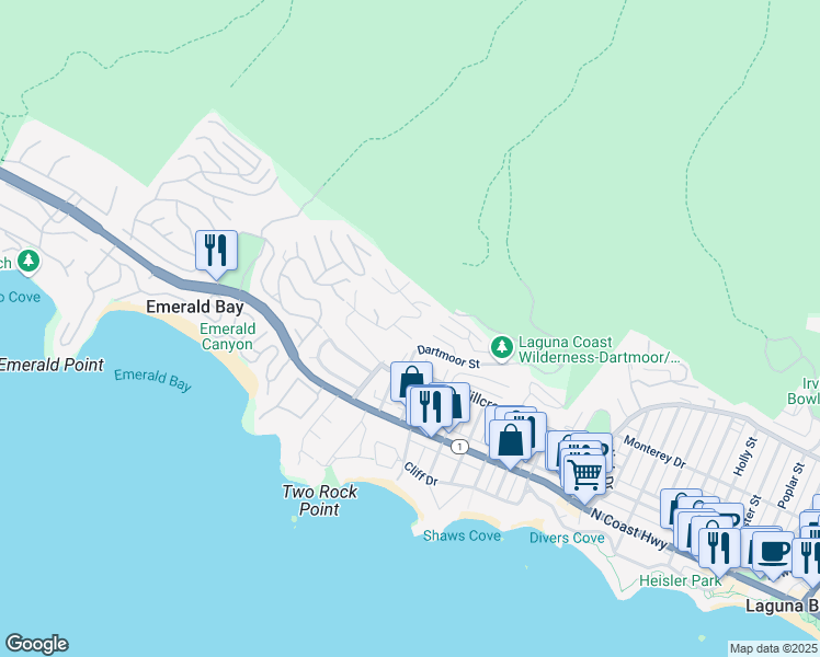 map of restaurants, bars, coffee shops, grocery stores, and more near 1580 Sunset Ridge Drive in Laguna Beach