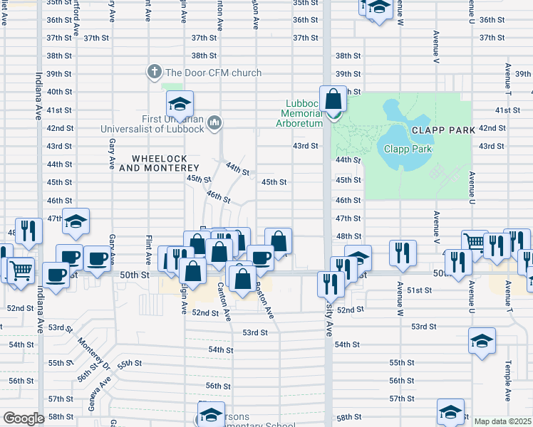 map of restaurants, bars, coffee shops, grocery stores, and more near 2616 47th St in Lubbock