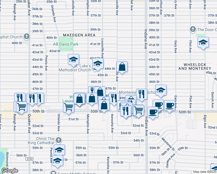 map of restaurants, bars, coffee shops, grocery stores, and more near 3612 47th Street in Lubbock