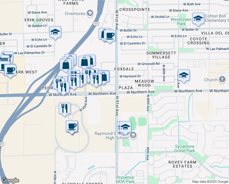 map of restaurants, bars, coffee shops, grocery stores, and more near West Northern Avenue in Glendale