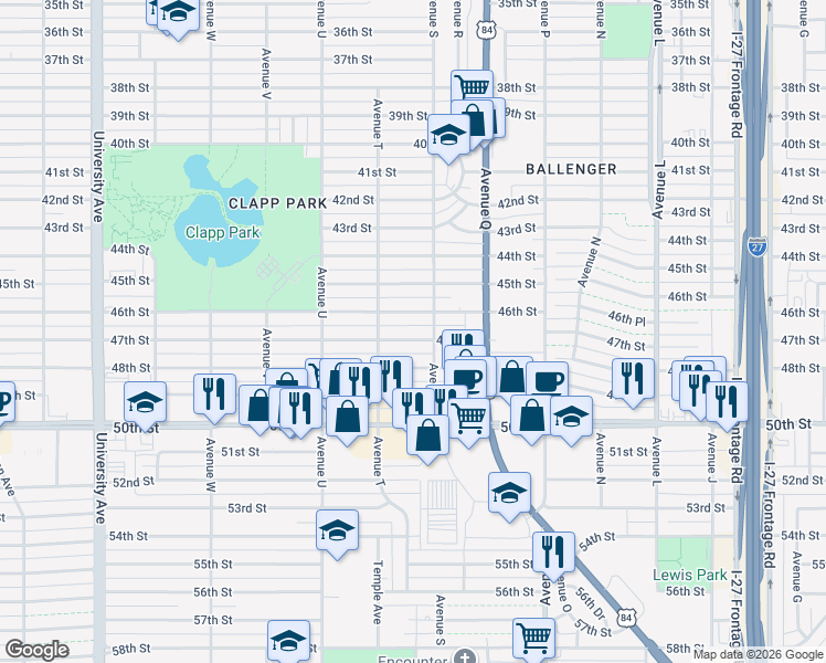 map of restaurants, bars, coffee shops, grocery stores, and more near 1902 47th Street in Lubbock