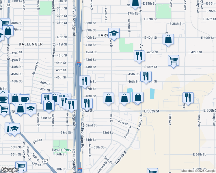 map of restaurants, bars, coffee shops, grocery stores, and more near 511 46th Street in Lubbock