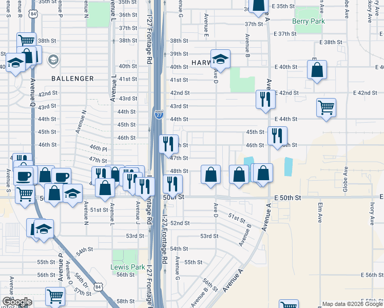 map of restaurants, bars, coffee shops, grocery stores, and more near 523 46th Street in Lubbock