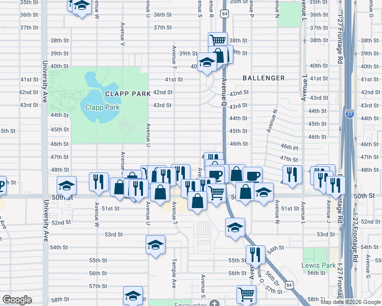 map of restaurants, bars, coffee shops, grocery stores, and more near 1902 47th Street in Lubbock