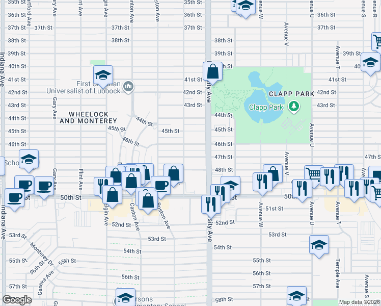 map of restaurants, bars, coffee shops, grocery stores, and more near 2517 46th Street in Lubbock