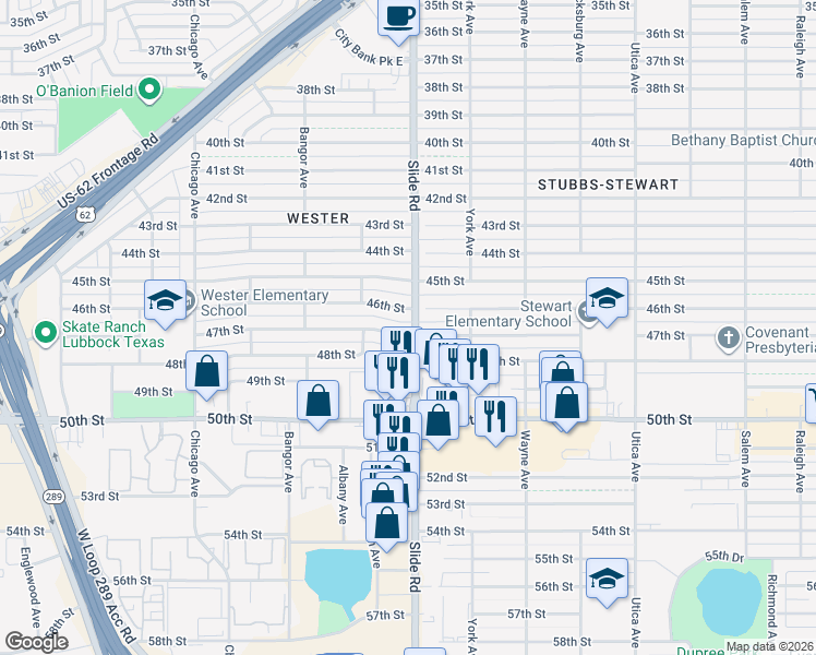 map of restaurants, bars, coffee shops, grocery stores, and more near 5115 46th Street in Lubbock