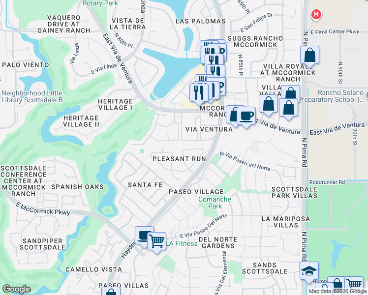 map of restaurants, bars, coffee shops, grocery stores, and more near 7682 East Pleasant Run in Scottsdale