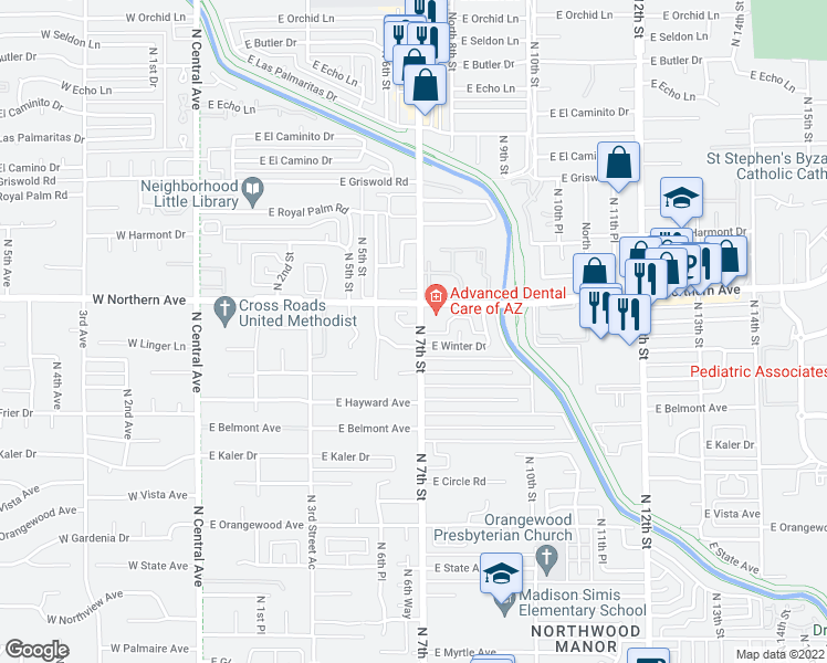 map of restaurants, bars, coffee shops, grocery stores, and more near 701 East Northern Avenue in Phoenix