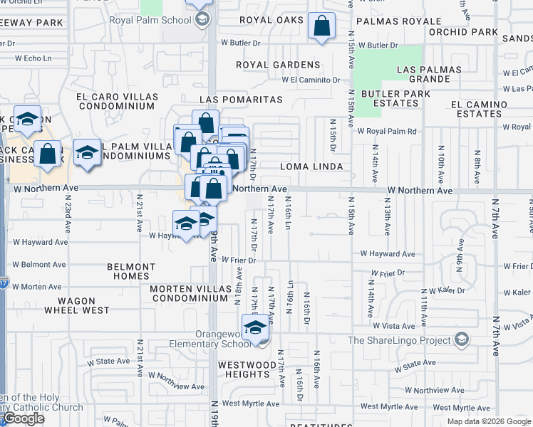 map of restaurants, bars, coffee shops, grocery stores, and more near 1703 West Lane Avenue in Phoenix