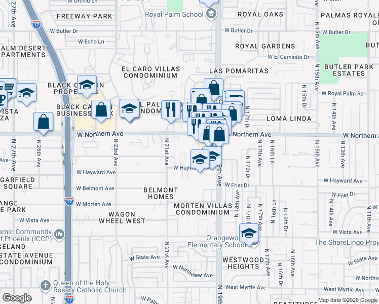 map of restaurants, bars, coffee shops, grocery stores, and more near 7734 North 19th Lane in Phoenix
