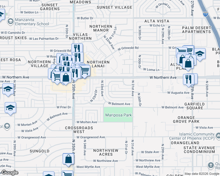 map of restaurants, bars, coffee shops, grocery stores, and more near 3229 West Lane Avenue in Phoenix