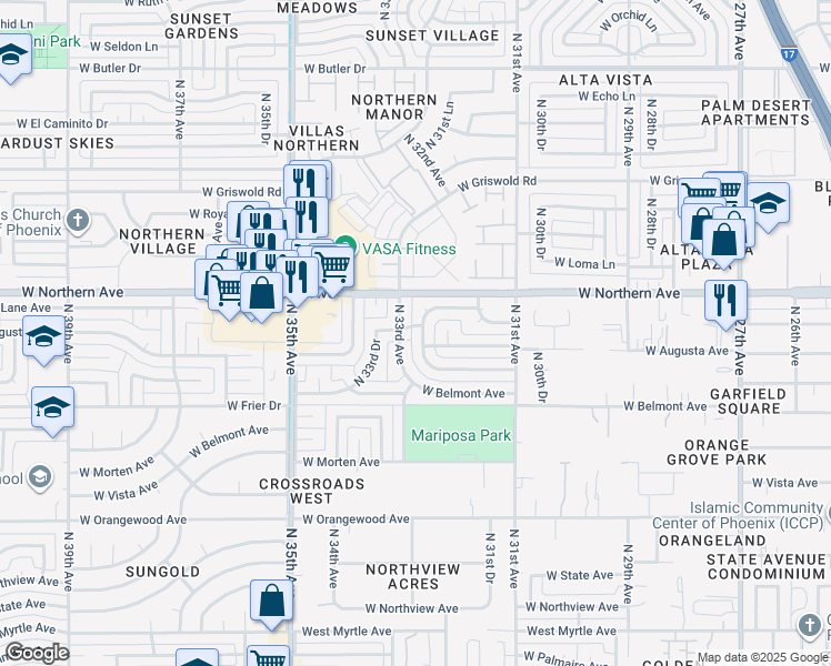 map of restaurants, bars, coffee shops, grocery stores, and more near 3229 West Lane Avenue in Phoenix