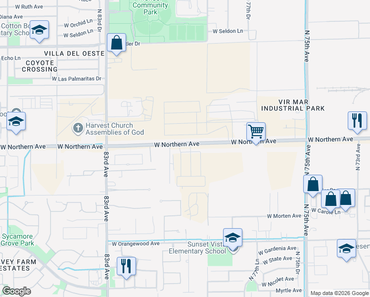 map of restaurants, bars, coffee shops, grocery stores, and more near 2015 North 80 Drive in Glendale