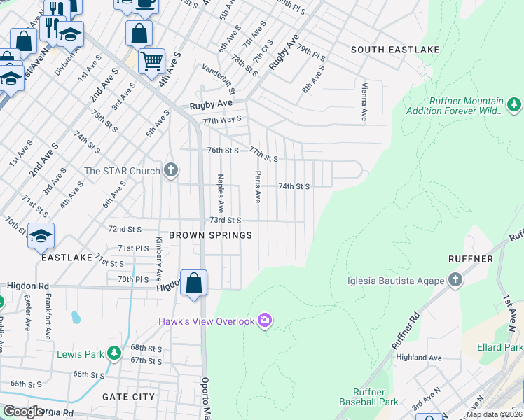 map of restaurants, bars, coffee shops, grocery stores, and more near 7322 Queenstown Avenue in Birmingham