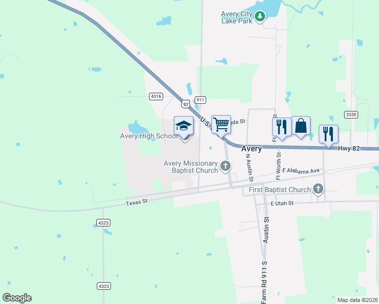 map of restaurants, bars, coffee shops, grocery stores, and more near 150 San Antonio Drive in Avery