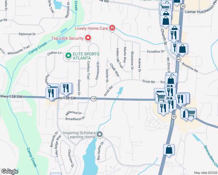 map of restaurants, bars, coffee shops, grocery stores, and more near 1059 Scott Road in Riverdale