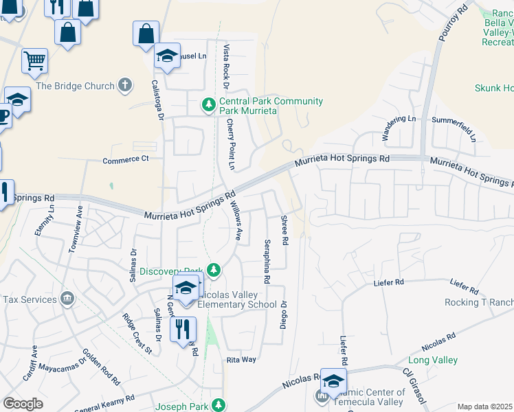 map of restaurants, bars, coffee shops, grocery stores, and more near 30808 Evian Drive in Murrieta