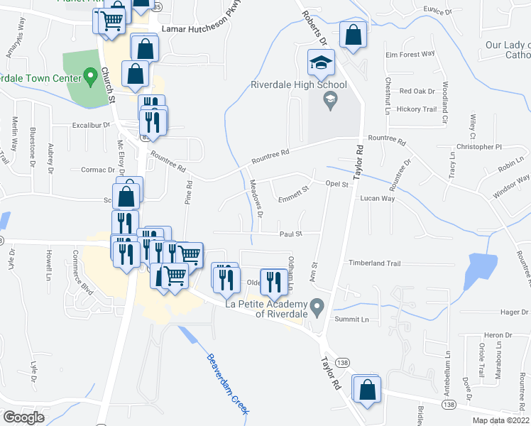 map of restaurants, bars, coffee shops, grocery stores, and more near 7438 Meadows Drive in Riverdale