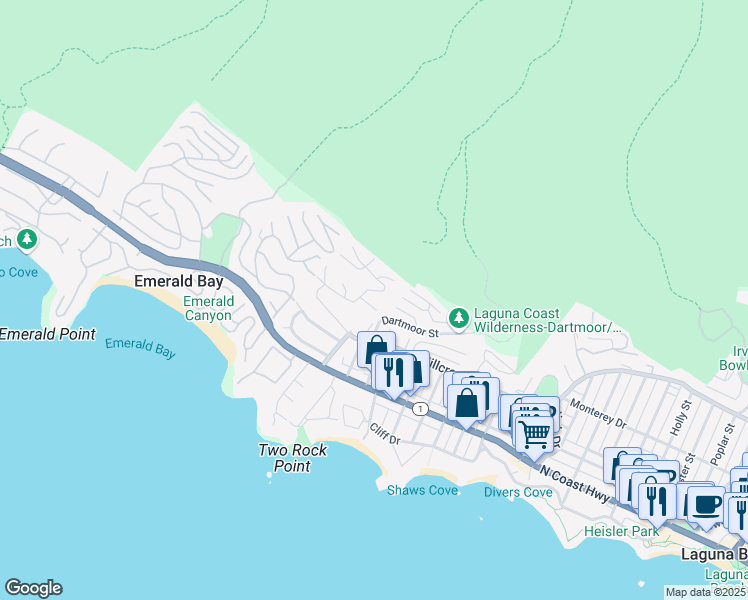 map of restaurants, bars, coffee shops, grocery stores, and more near 1580 Sunset Ridge Drive in Laguna Beach