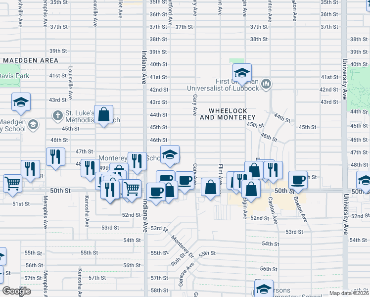 map of restaurants, bars, coffee shops, grocery stores, and more near 3205 46th Street in Lubbock