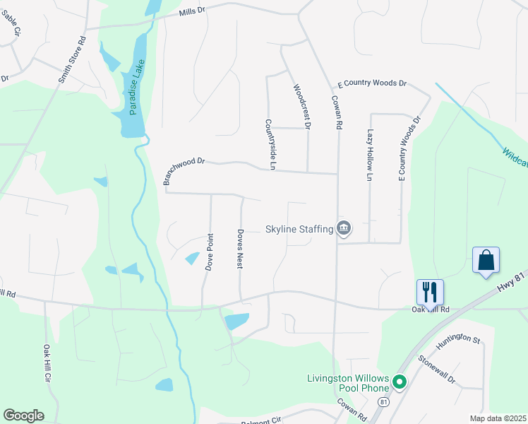 map of restaurants, bars, coffee shops, grocery stores, and more near 420 Branchwood Drive in Covington