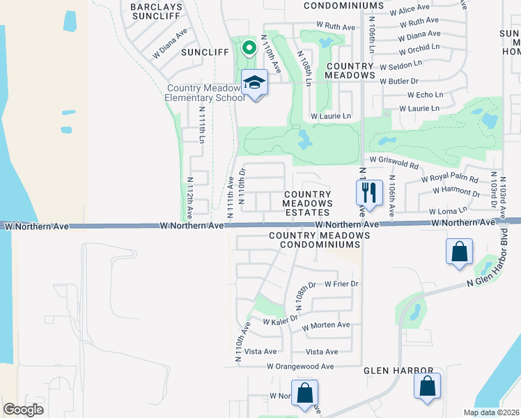 map of restaurants, bars, coffee shops, grocery stores, and more near 8057 North 110th Avenue in Peoria