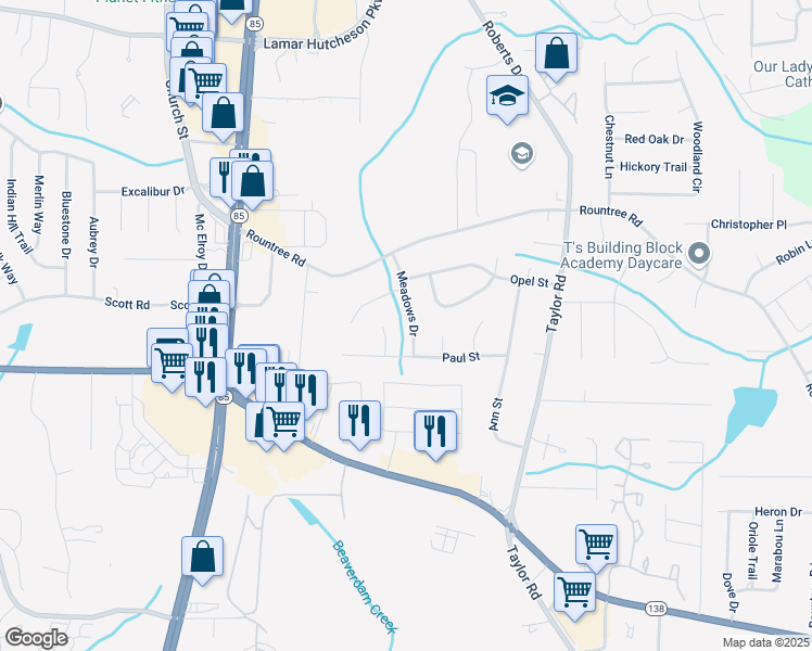 map of restaurants, bars, coffee shops, grocery stores, and more near 7445 Meadows Drive in Riverdale