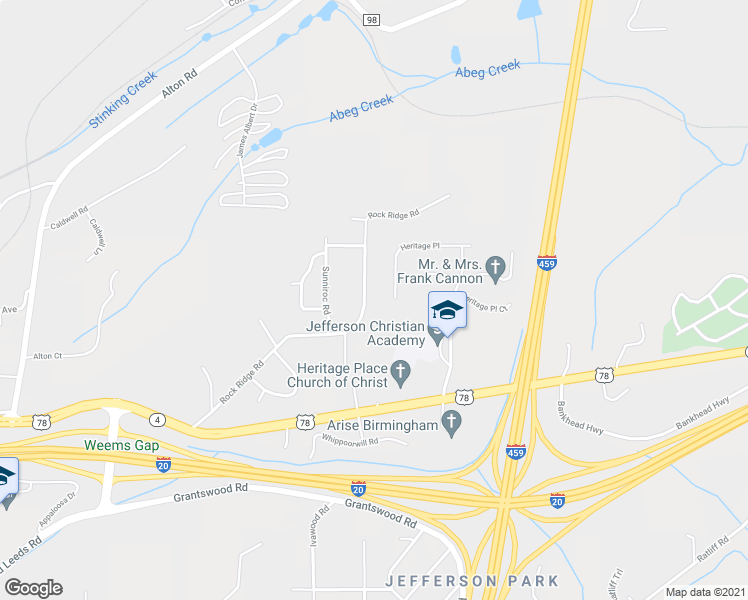 map of restaurants, bars, coffee shops, grocery stores, and more near 3917 Rock Ridge Road in Irondale