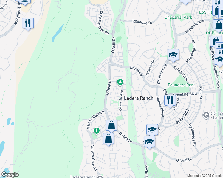 map of restaurants, bars, coffee shops, grocery stores, and more near 6 Lynde Street in Ladera Ranch