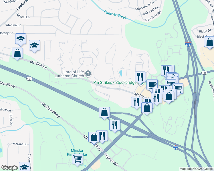map of restaurants, bars, coffee shops, grocery stores, and more near 3360 Mount Zion Road in Stockbridge