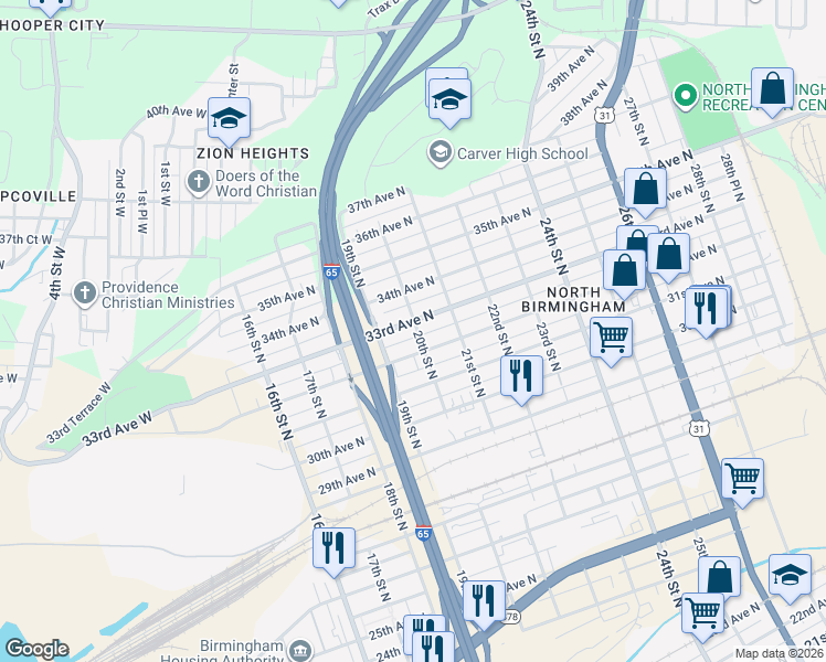 map of restaurants, bars, coffee shops, grocery stores, and more near 2005 33rd Avenue North in Birmingham