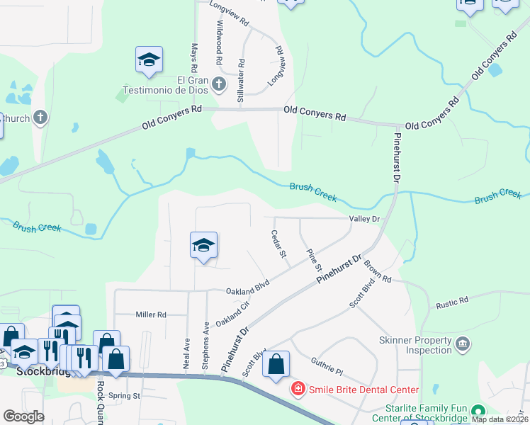 map of restaurants, bars, coffee shops, grocery stores, and more near 204 Valley Drive in Stockbridge