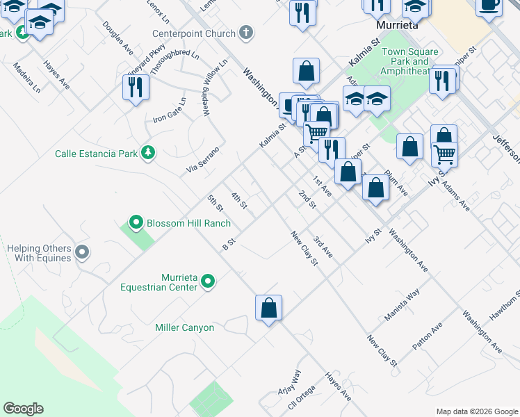 map of restaurants, bars, coffee shops, grocery stores, and more near 24737 Clay Avenue in Murrieta