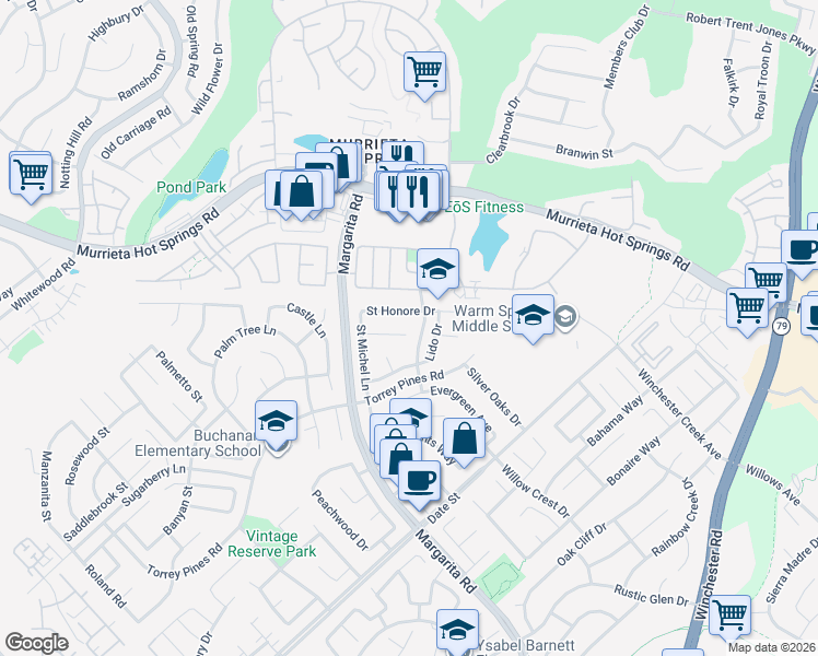map of restaurants, bars, coffee shops, grocery stores, and more near 39812 De Vendome Court in Murrieta