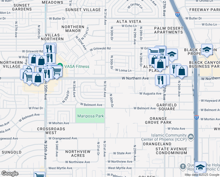 map of restaurants, bars, coffee shops, grocery stores, and more near 3031 West Winter Drive in Phoenix