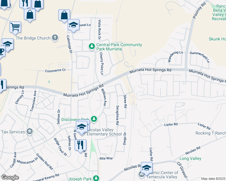 map of restaurants, bars, coffee shops, grocery stores, and more near 30808 Evian Drive in Murrieta