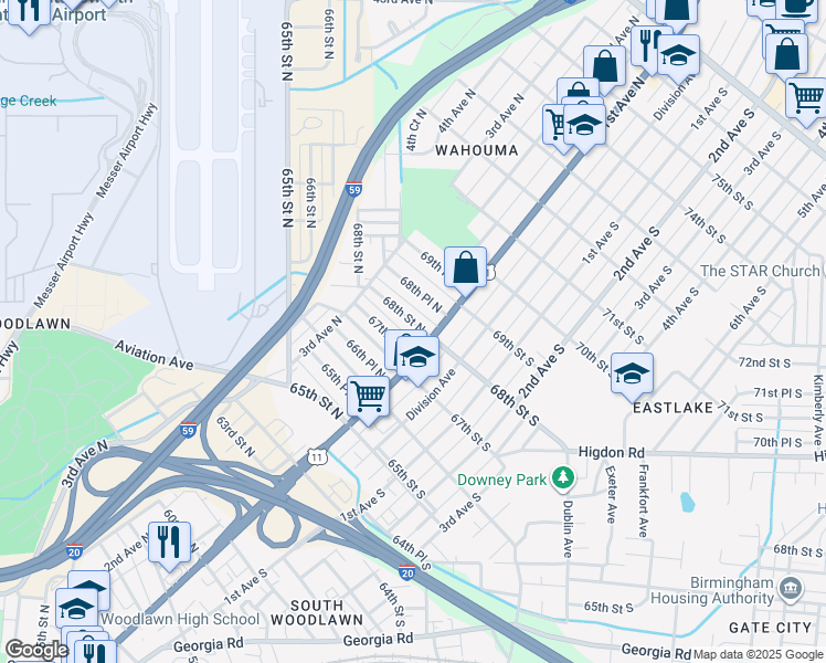 map of restaurants, bars, coffee shops, grocery stores, and more near 114 68th Street North in Birmingham
