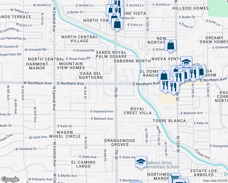map of restaurants, bars, coffee shops, grocery stores, and more near 701 East Northern Avenue in Phoenix