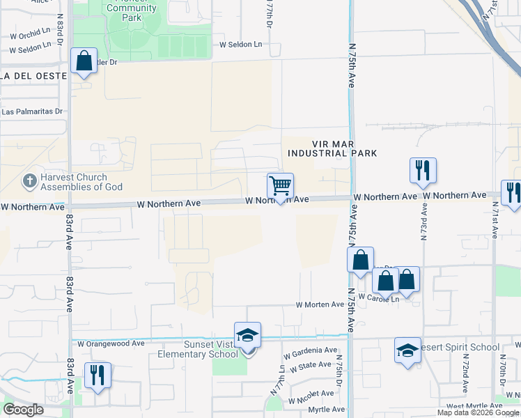 map of restaurants, bars, coffee shops, grocery stores, and more near 7715 West Northern Avenue in Glendale