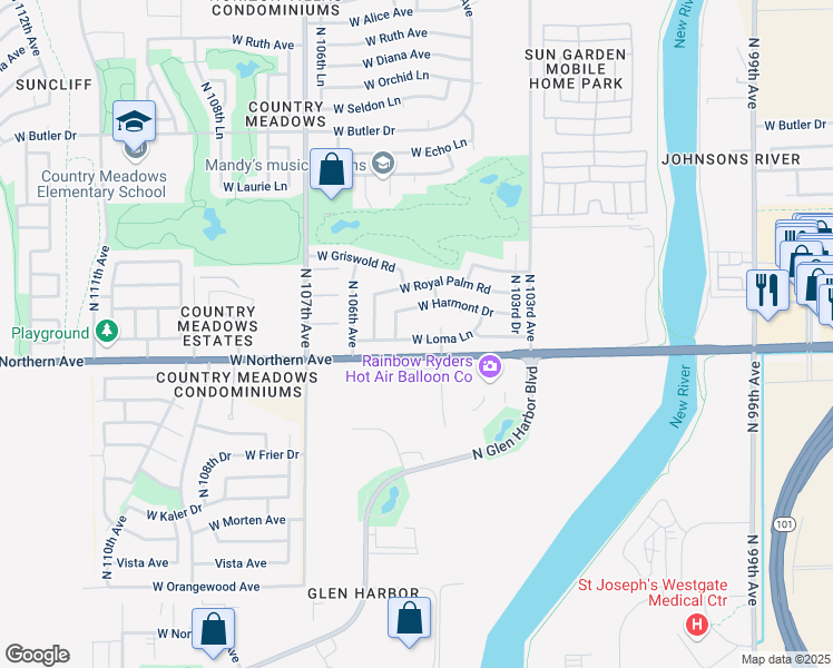 map of restaurants, bars, coffee shops, grocery stores, and more near 10518 North 105th Avenue in Peoria