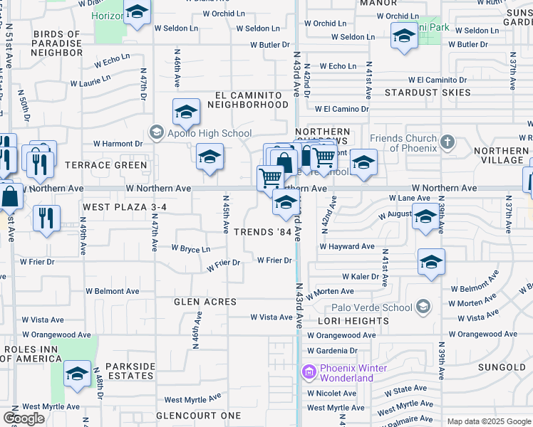 map of restaurants, bars, coffee shops, grocery stores, and more near 7801 North 44th Drive in Glendale