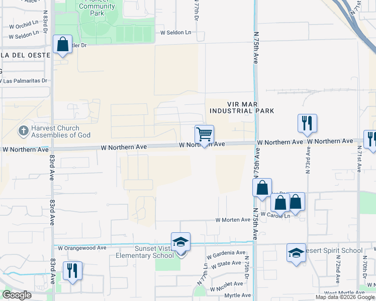 map of restaurants, bars, coffee shops, grocery stores, and more near 7715 West Northern Avenue in Glendale