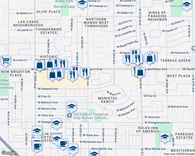 map of restaurants, bars, coffee shops, grocery stores, and more near 5448 West Lane Avenue in Glendale