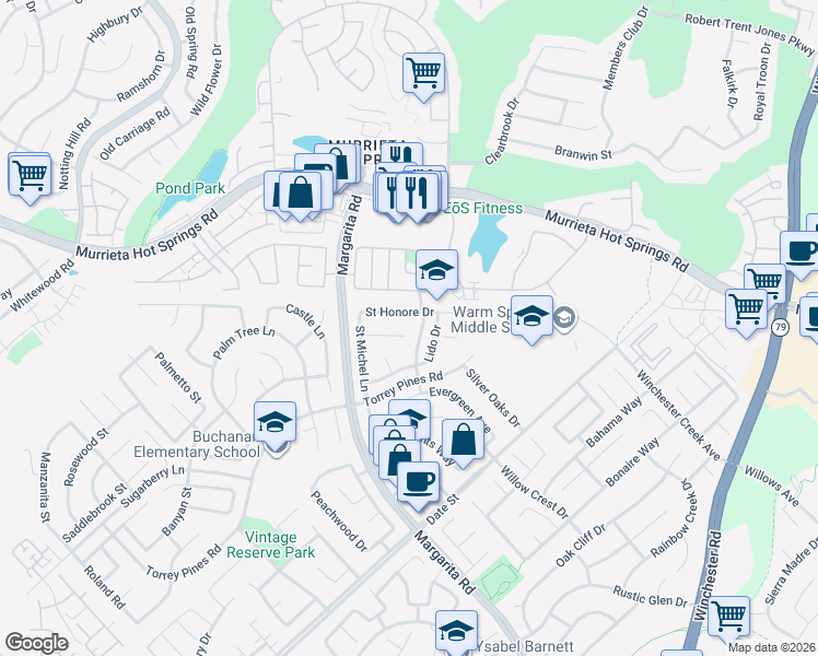 map of restaurants, bars, coffee shops, grocery stores, and more near 39812 De Vendome Court in Murrieta