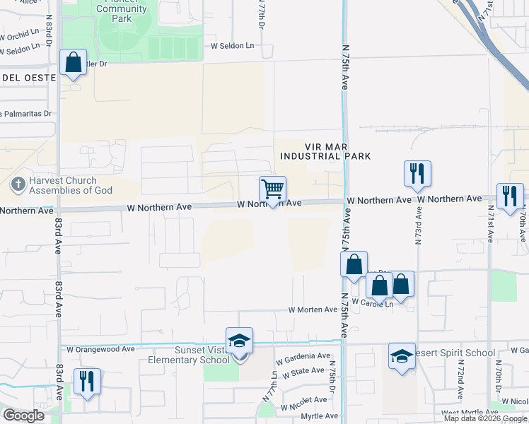 map of restaurants, bars, coffee shops, grocery stores, and more near 7715 West Northern Avenue in Glendale