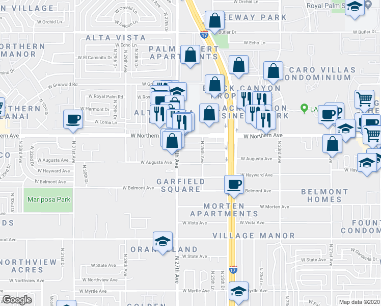 map of restaurants, bars, coffee shops, grocery stores, and more near 2623 West Lane Avenue in Phoenix