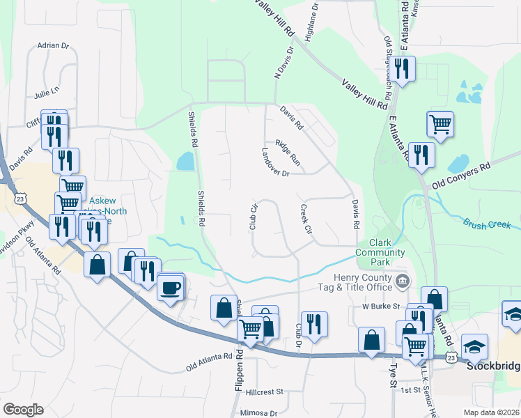map of restaurants, bars, coffee shops, grocery stores, and more near 128 Club Circle in Stockbridge