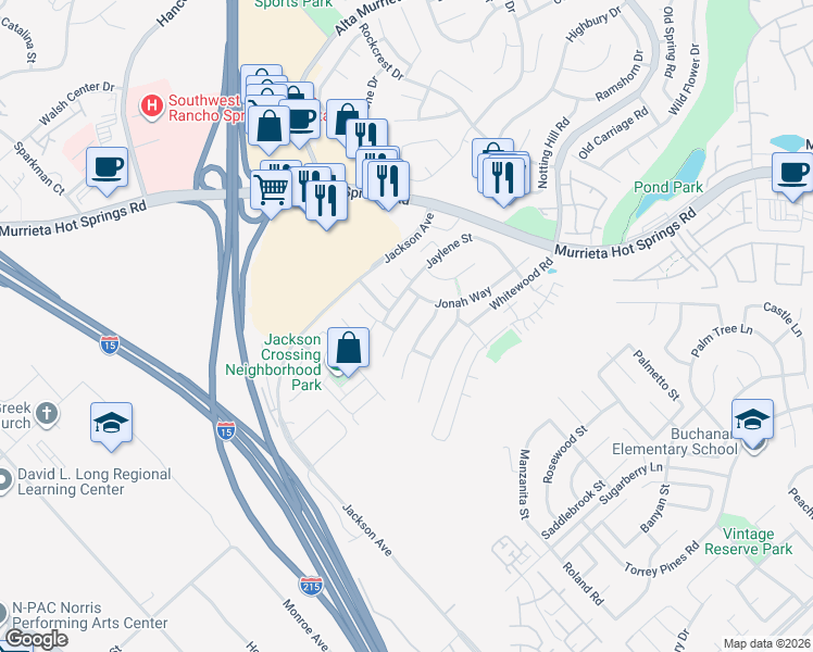 map of restaurants, bars, coffee shops, grocery stores, and more near 40286 Hannah Way in Murrieta